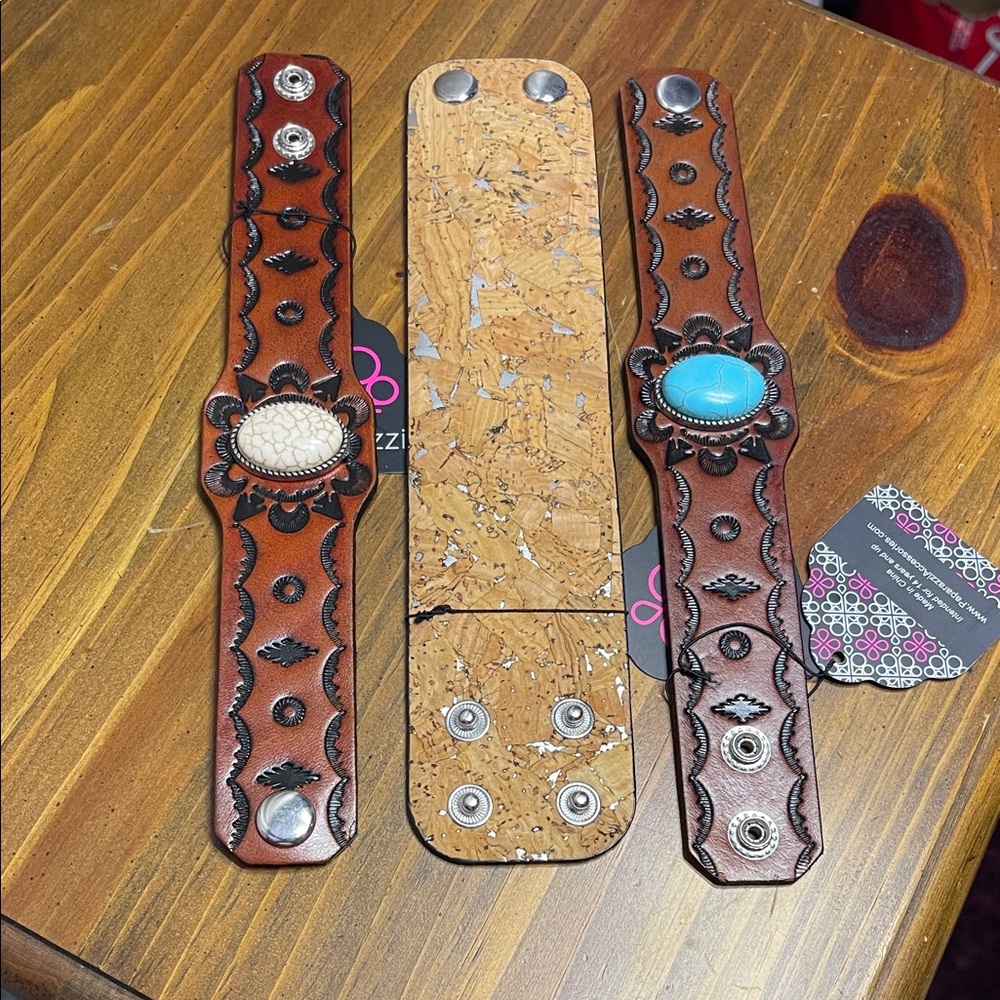 Paparazzi 3 Brown Leather Snap Bracelets with Stone Accents BNWT